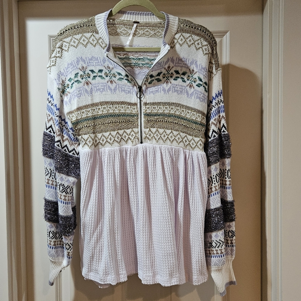 Free People Cabin Fever Swit Sweater Long Sleeve Half Zip  Metallic White Sm NWT - Picture 2 of 16